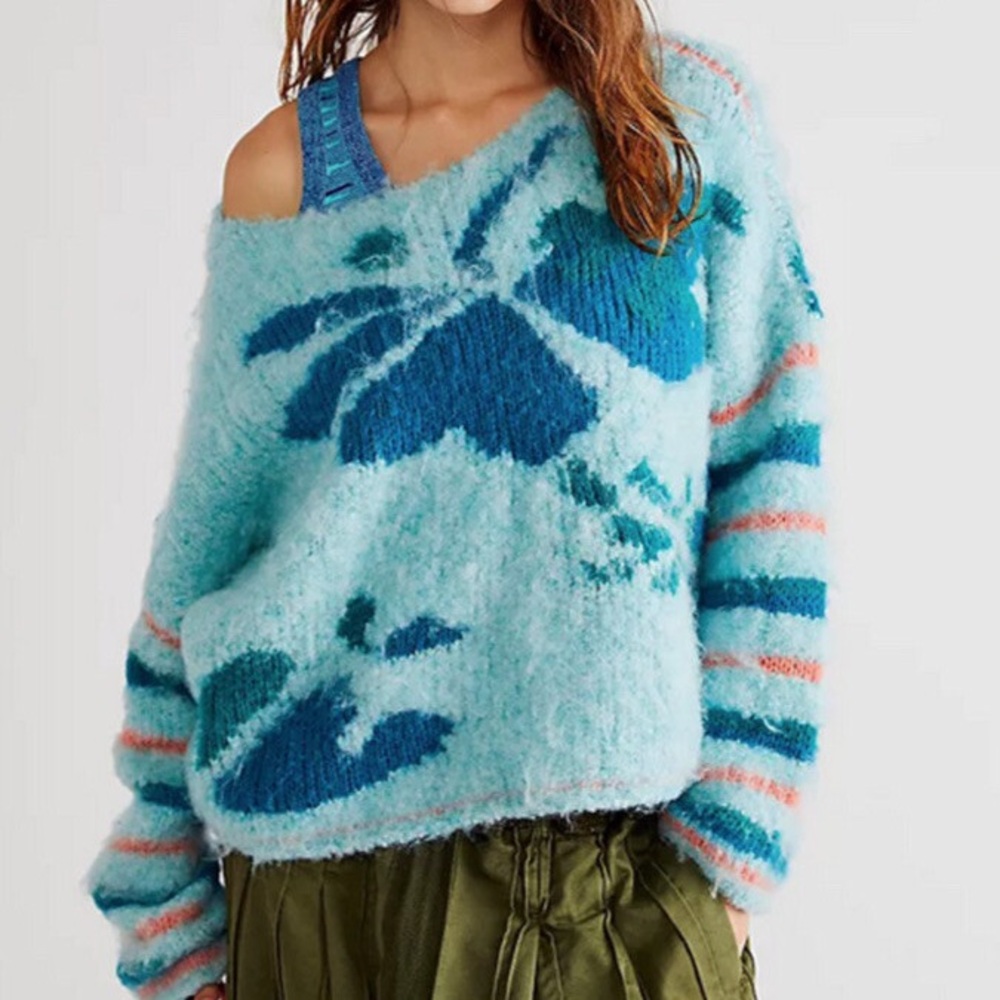 Free People Teal and Navy Floral Sweater - Picture 2 of 5